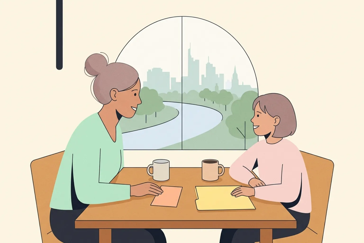 Illustration einer Bezugsperson und eines Kindes, die gemeinsam am Tisch Freizeitkarten und Ausweise ansehen, mit stilisierter Frankfurter Kulisse im Fenster.