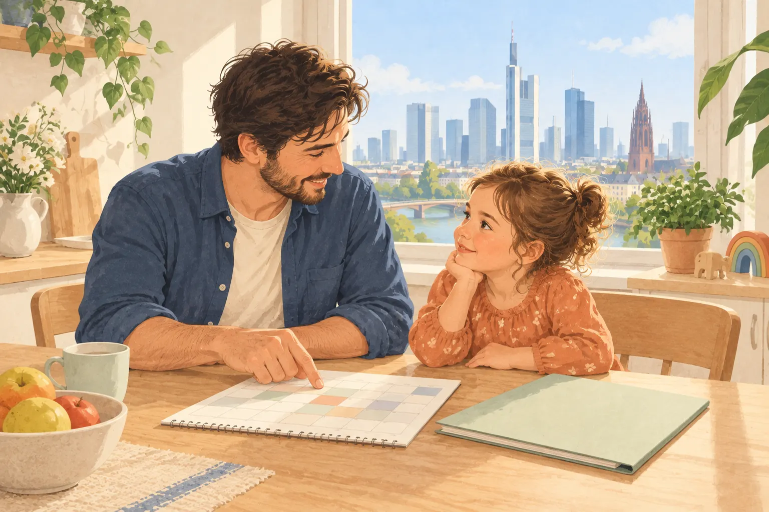 Illustration eines Elternteils und eines Kindes, die gemeinsam einen Betreuungskalender am Küchentisch ansehen, mit Frankfurter Skyline im Fenster.