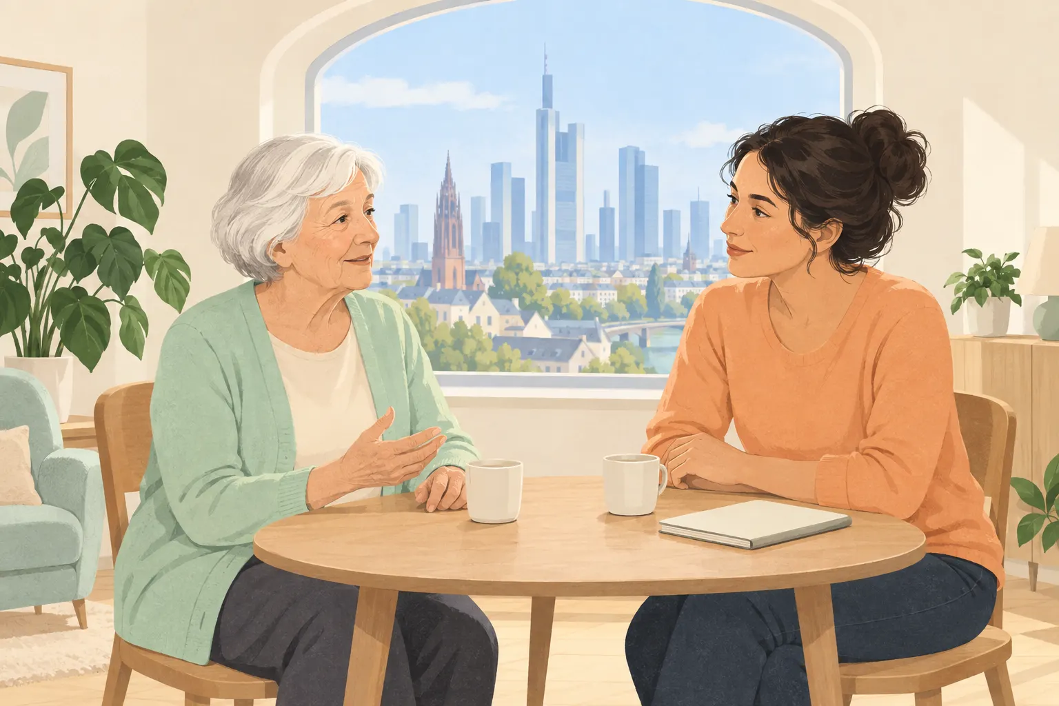 Illustration einer älteren Frau und einer Betreuungsperson im Gespräch am Tisch zu Hause, mit Frankfurter Skyline vor dem Fenster.