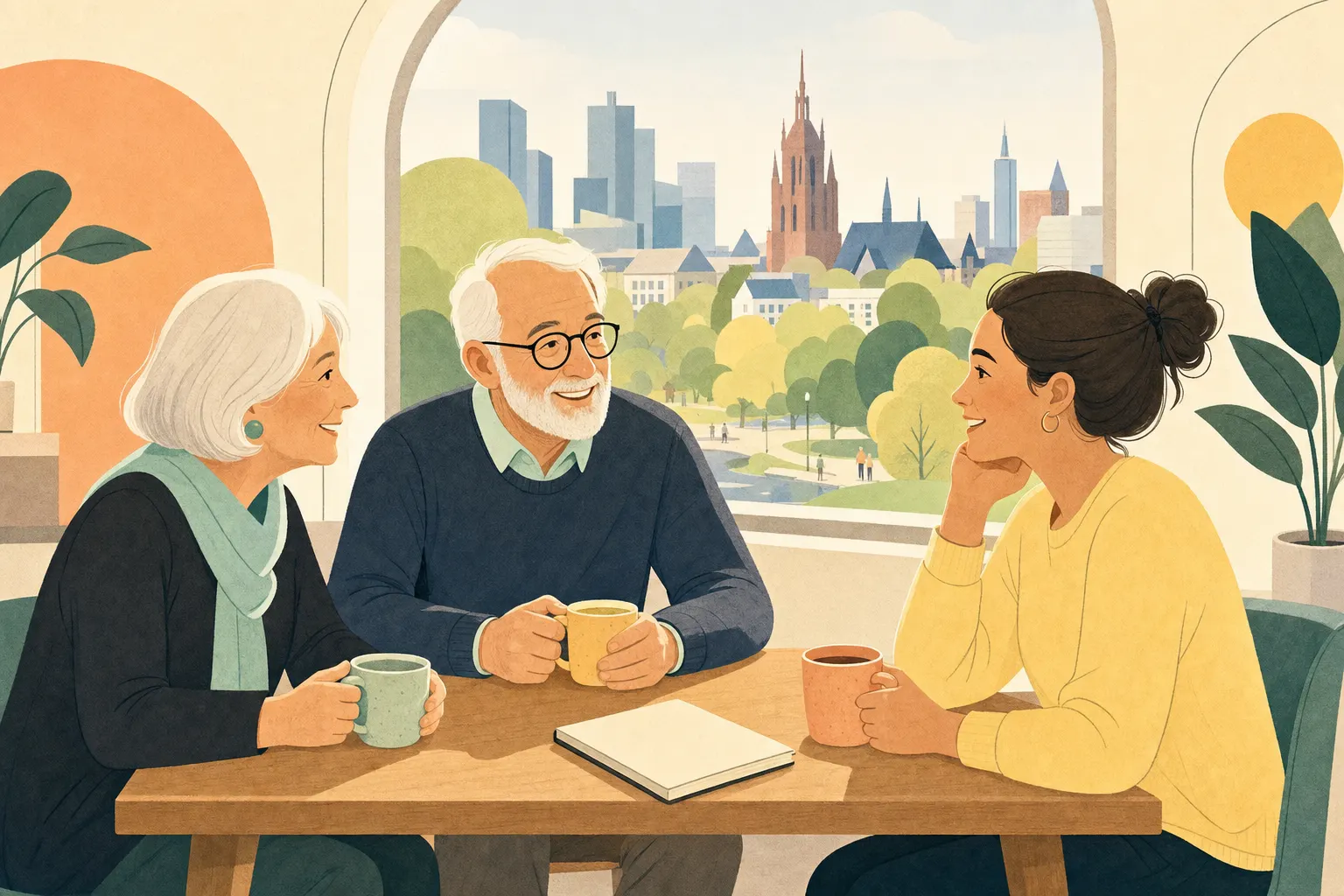 Illustration älterer Menschen und einer jüngeren Bezugsperson im lebendigen Austausch an einem Holztisch vor einer sonnigen Frankfurter Park- und Fensterkulisse.