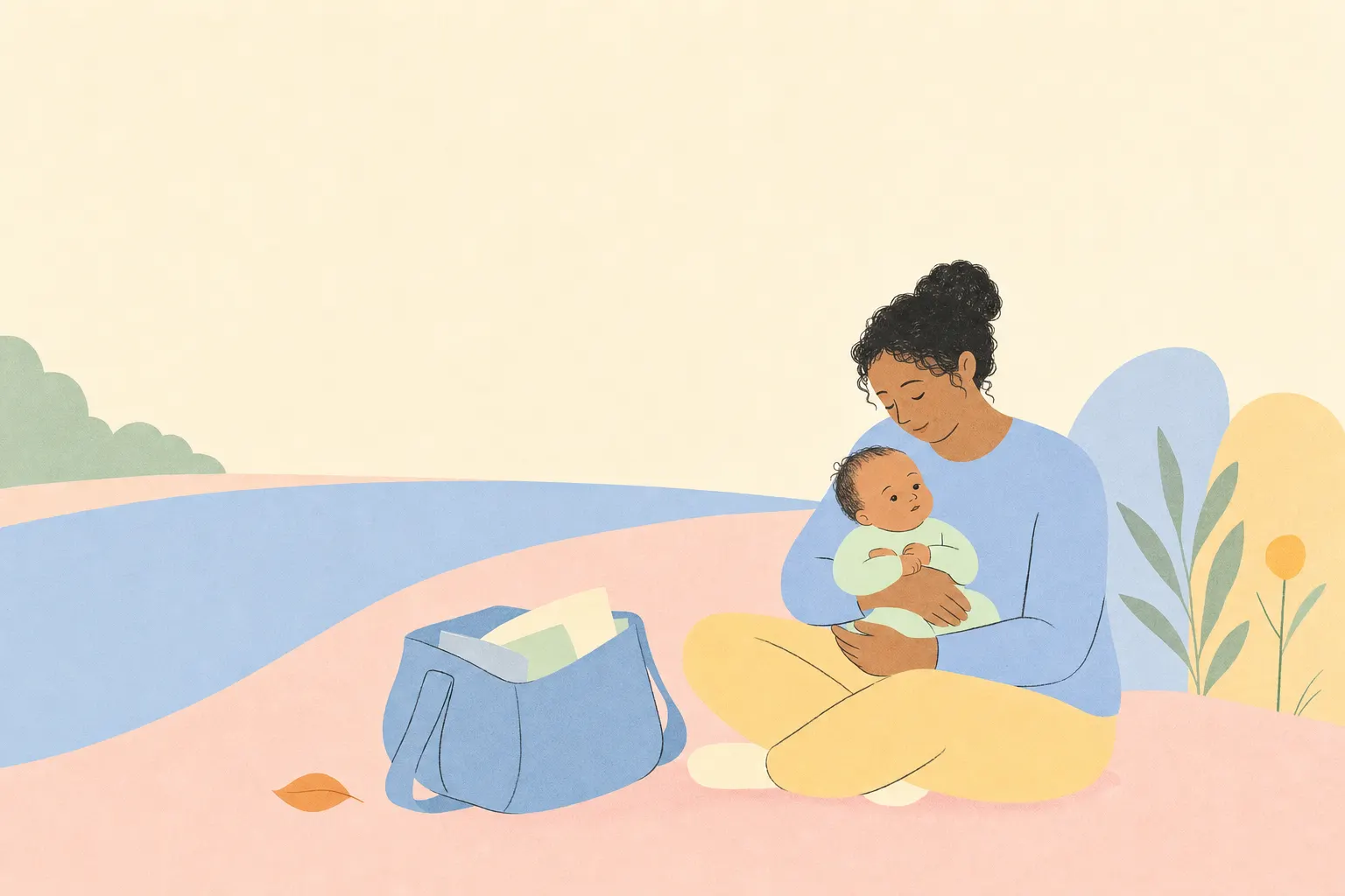 Illustration einer Bezugsperson mit Baby und Tasche vor einem ruhigen, abstrahierten Frankfurter Stadthintergrund.