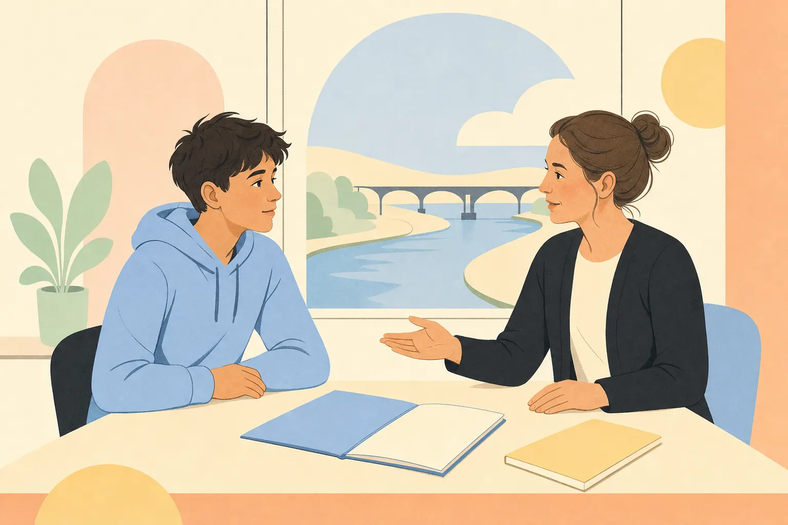 Illustration einer jungen Person im Gespräch mit einer beratenden Fachkraft an einem Tisch mit Plan und Mappe vor stilisierter Frankfurter Kulisse.