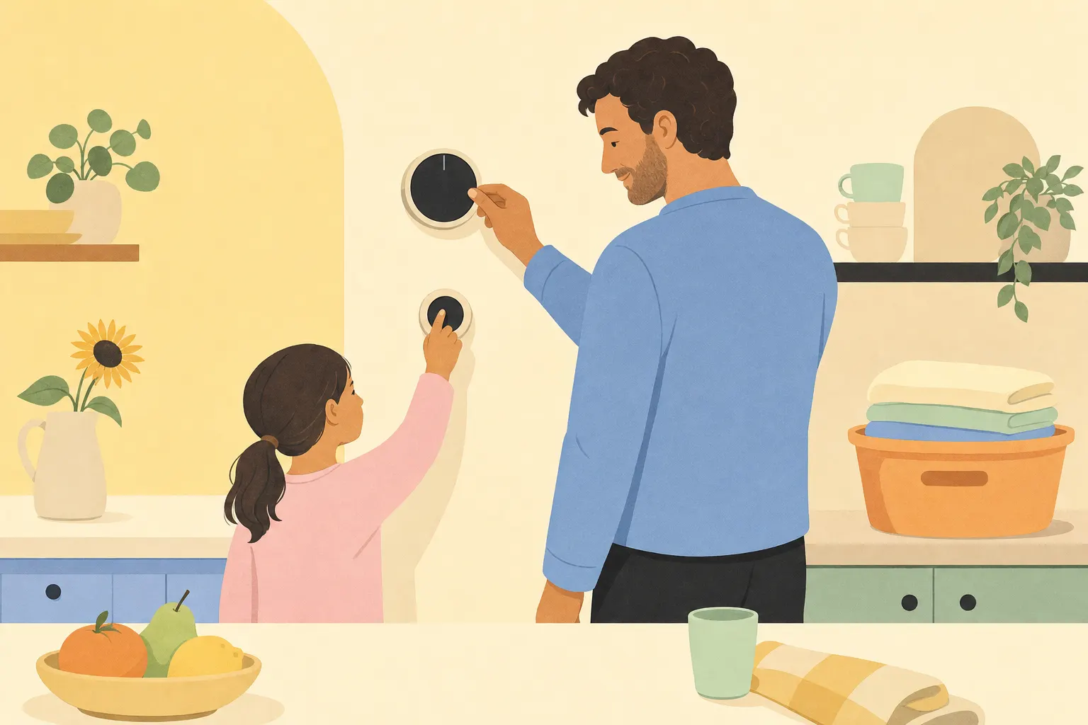 Abstrakte Illustration einer Familienküche mit Thermostat, Tassen und Wäschekorb als Bild für Energie im Alltag.