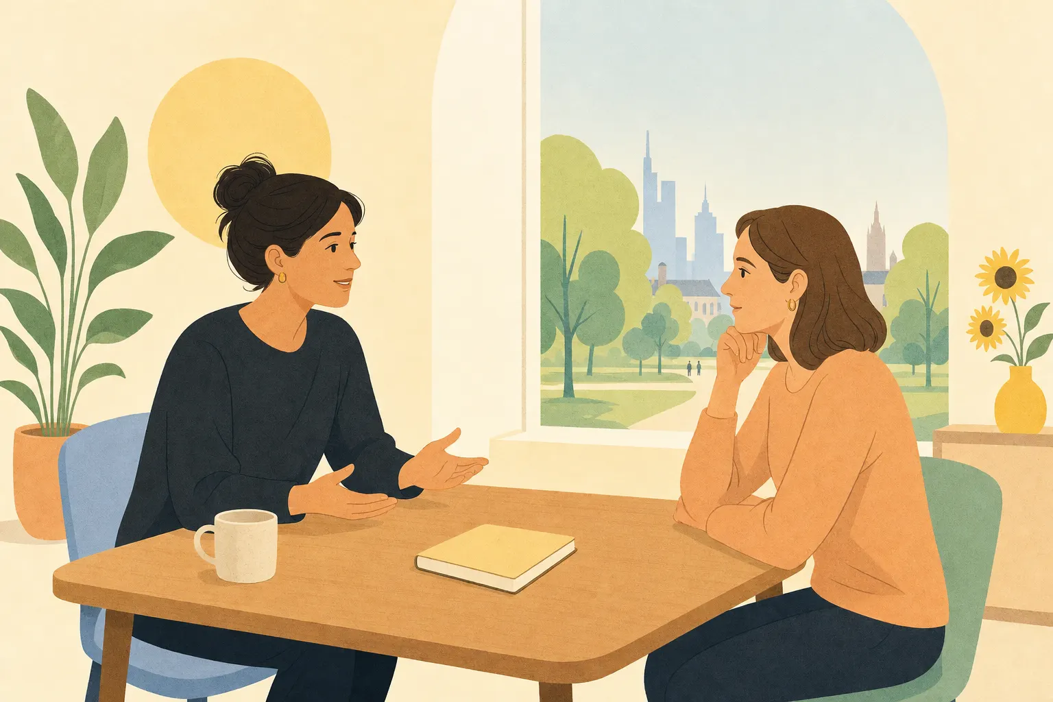 Illustration einer beratenden Fachkraft und einer Bezugsperson im ruhigen, vertraulichen Gespräch an einem Tisch vor stilisierter Frankfurter Fensterkulisse.