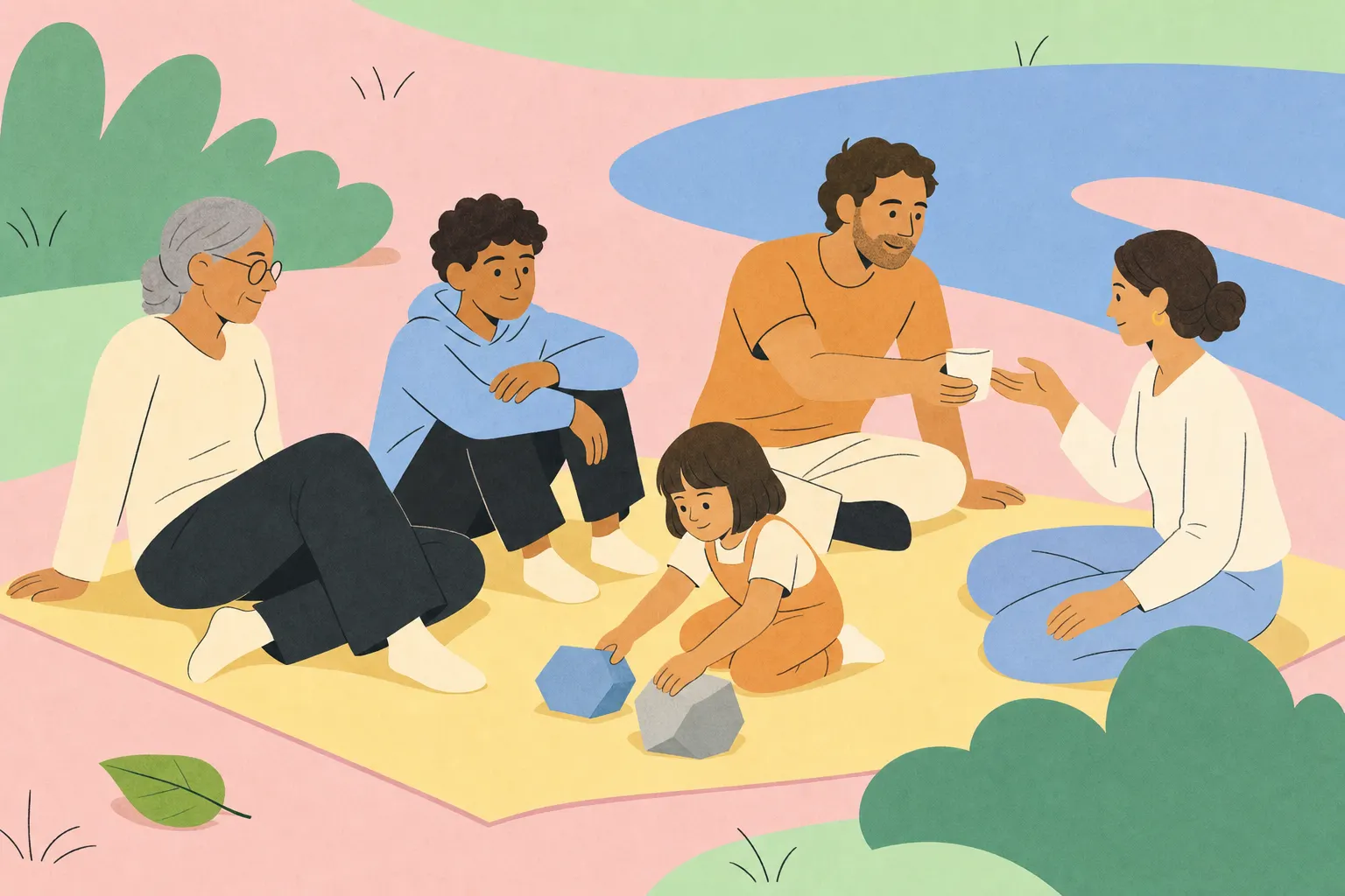Illustration einer mehrgenerationalen Familie mit Picknickdecke in einem abstrahierten Frankfurter Park.