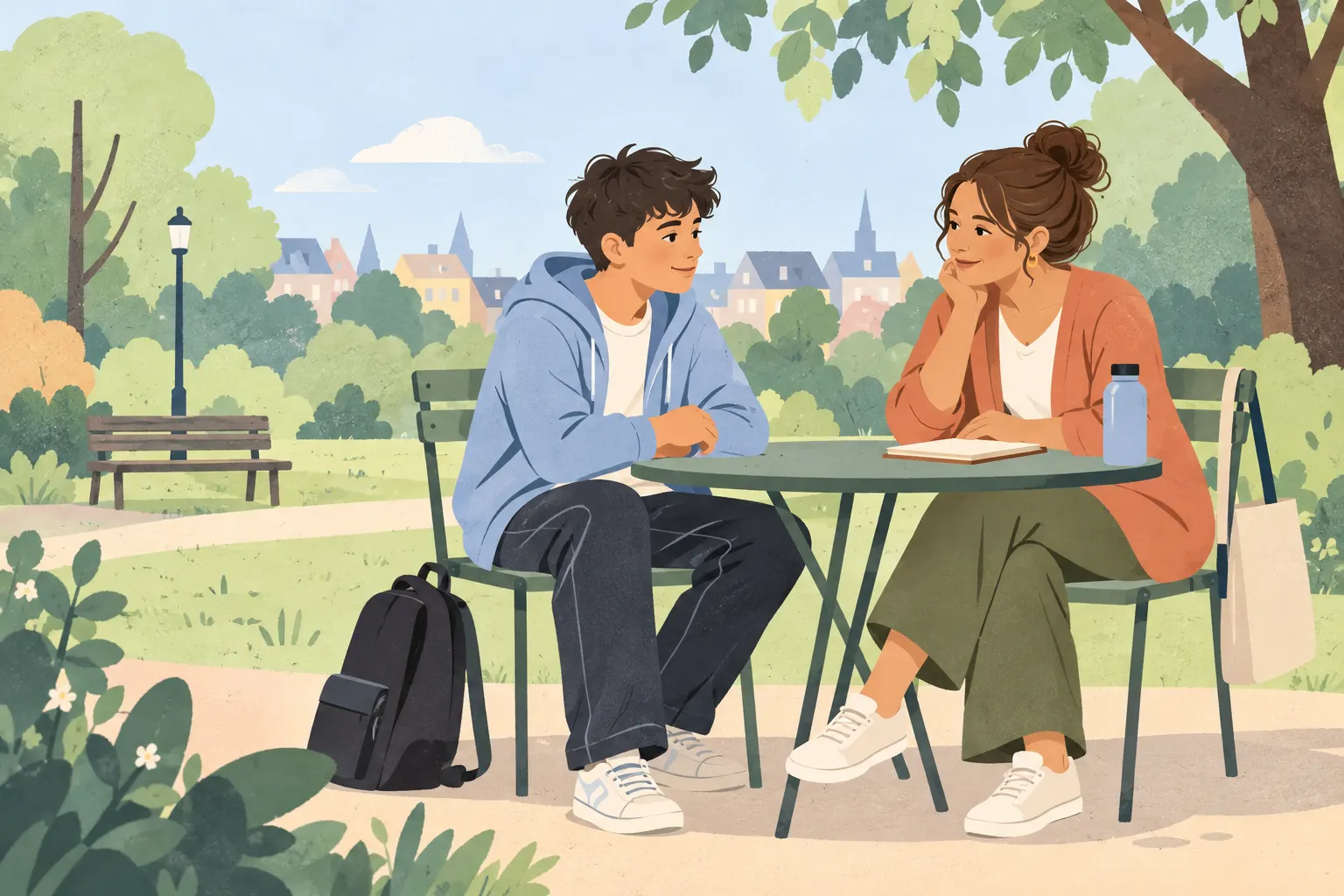 Illustration einer Jugendlichen im Gespräch mit einer beratenden Person an einem Tisch in einem Frankfurter Park.