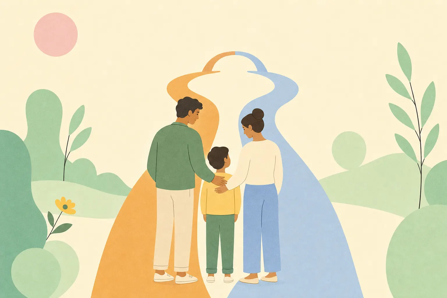 Abstrakte Illustration von zwei Wegen und mehreren Bezugspersonen als Bild für neue Absprachen nach einer Trennung.