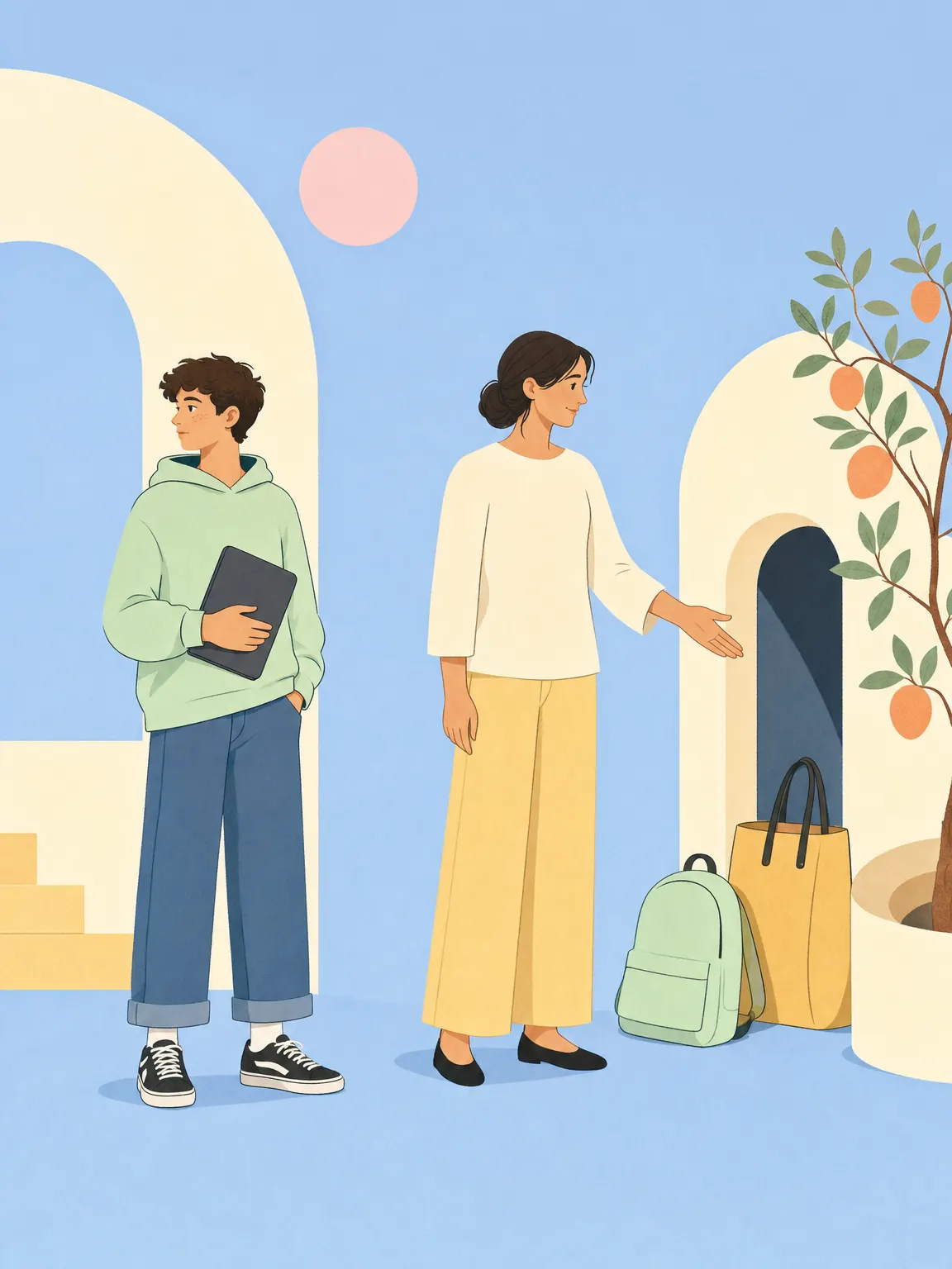 Illustration eines Teenagers und einer erwachsenen Person, die in ruhigem Abstand einen gemeinsamen Moment teilen.